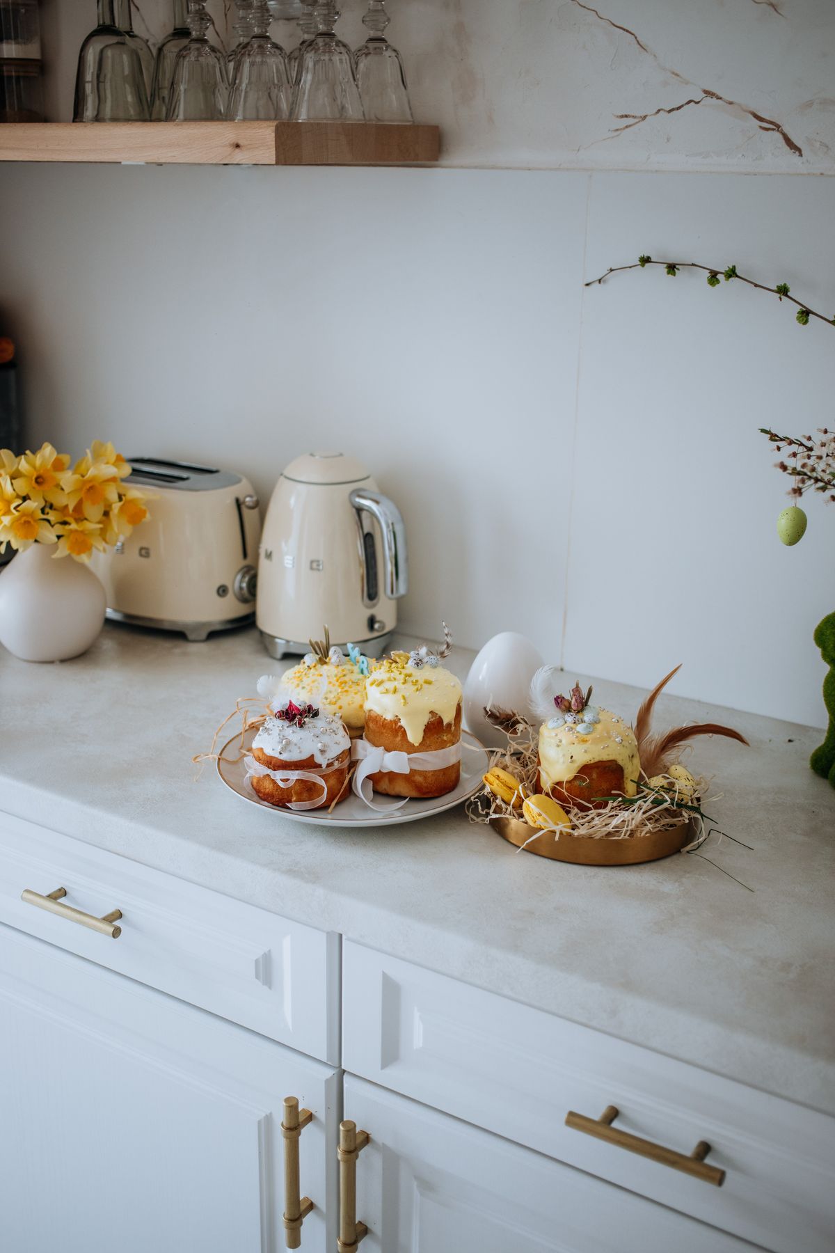 Beautifully decorated Easter pastries displayed in a modern kitchen setting, perfect for holiday celebrations.