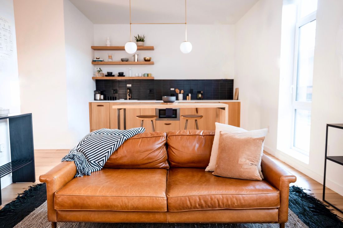 An apartment living area and kitchen with simple decor.