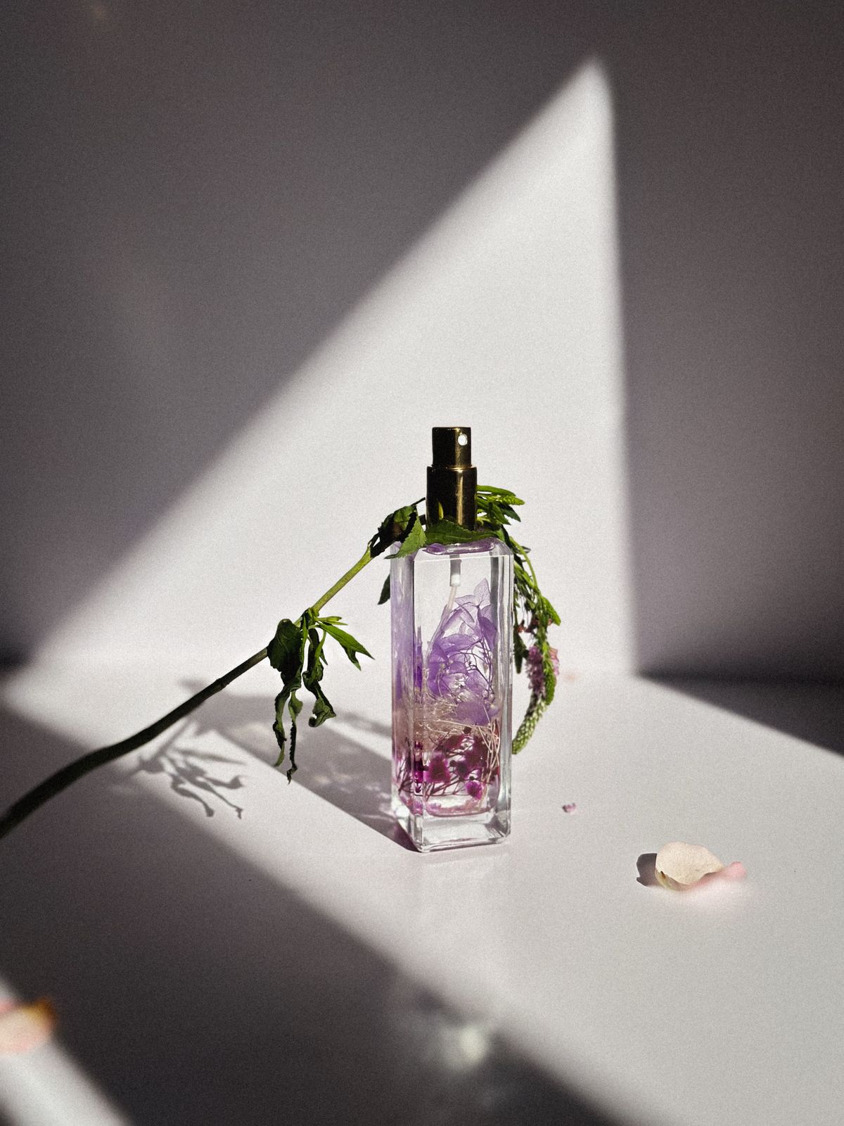 A beautifully crafted perfume bottle with delicate florals and dramatic shadows.