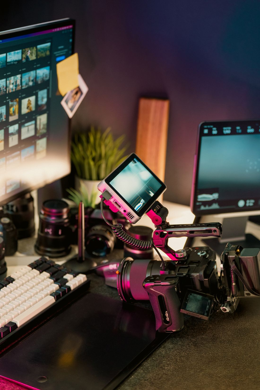 A video production workspace with a camera and two monitors.